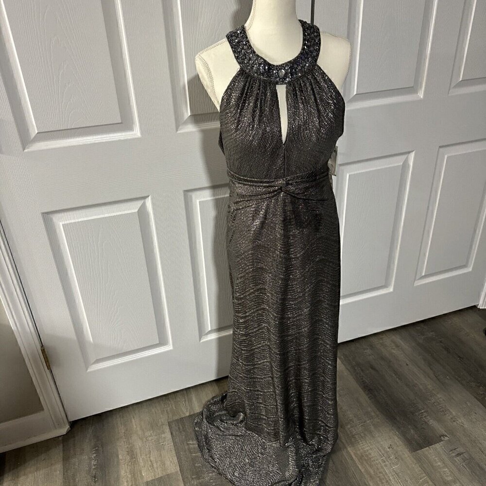 Beautiful gray Sparkling Halter Evening Gown With Sequins Around The Neck Sz 12